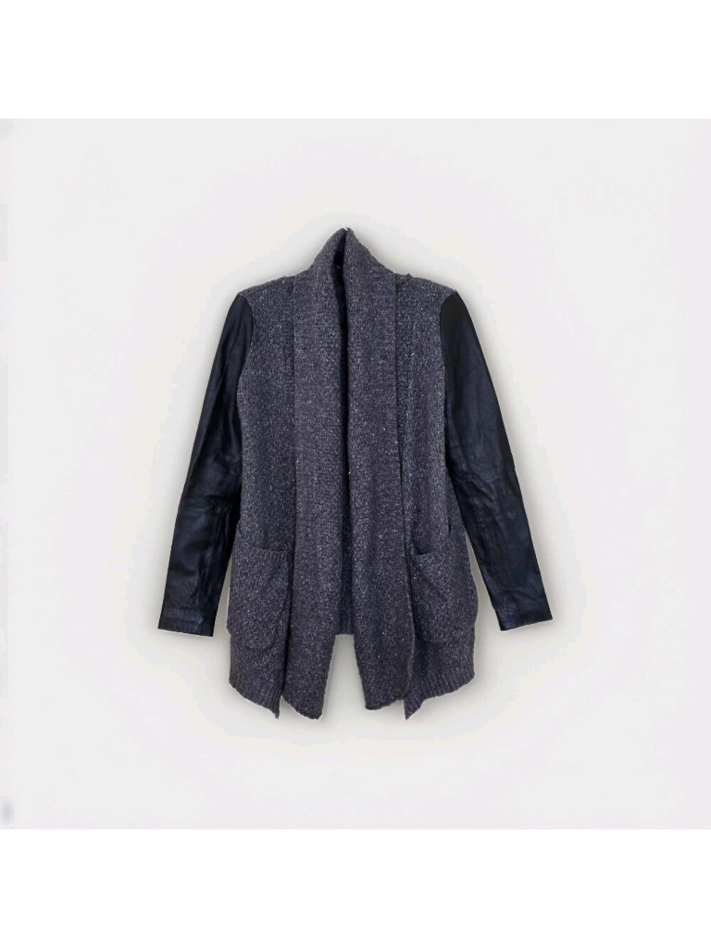 Line Knitwear Mixed Media Cardigan M Grey Flecked Chunky Knit Leather LS Edgy